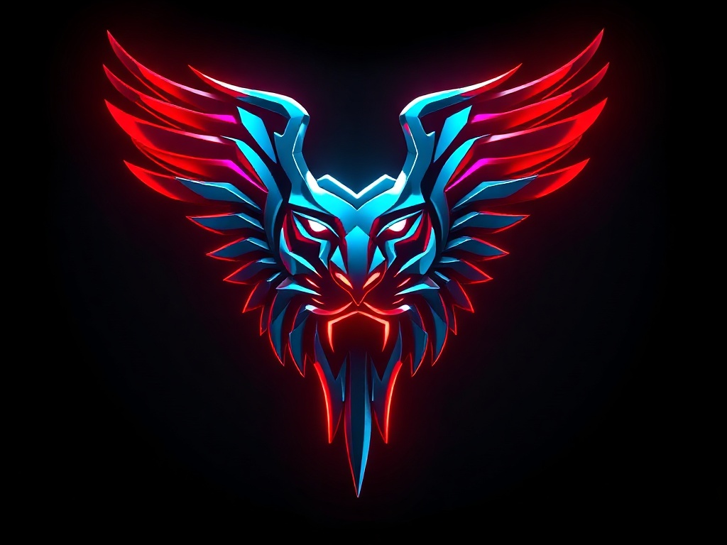 A futuristic logo emblem of a lion or an eagle, made of chrome and neon, with a glowing effect, on a dark background, photorealistic, 8k, high-end game concept art.